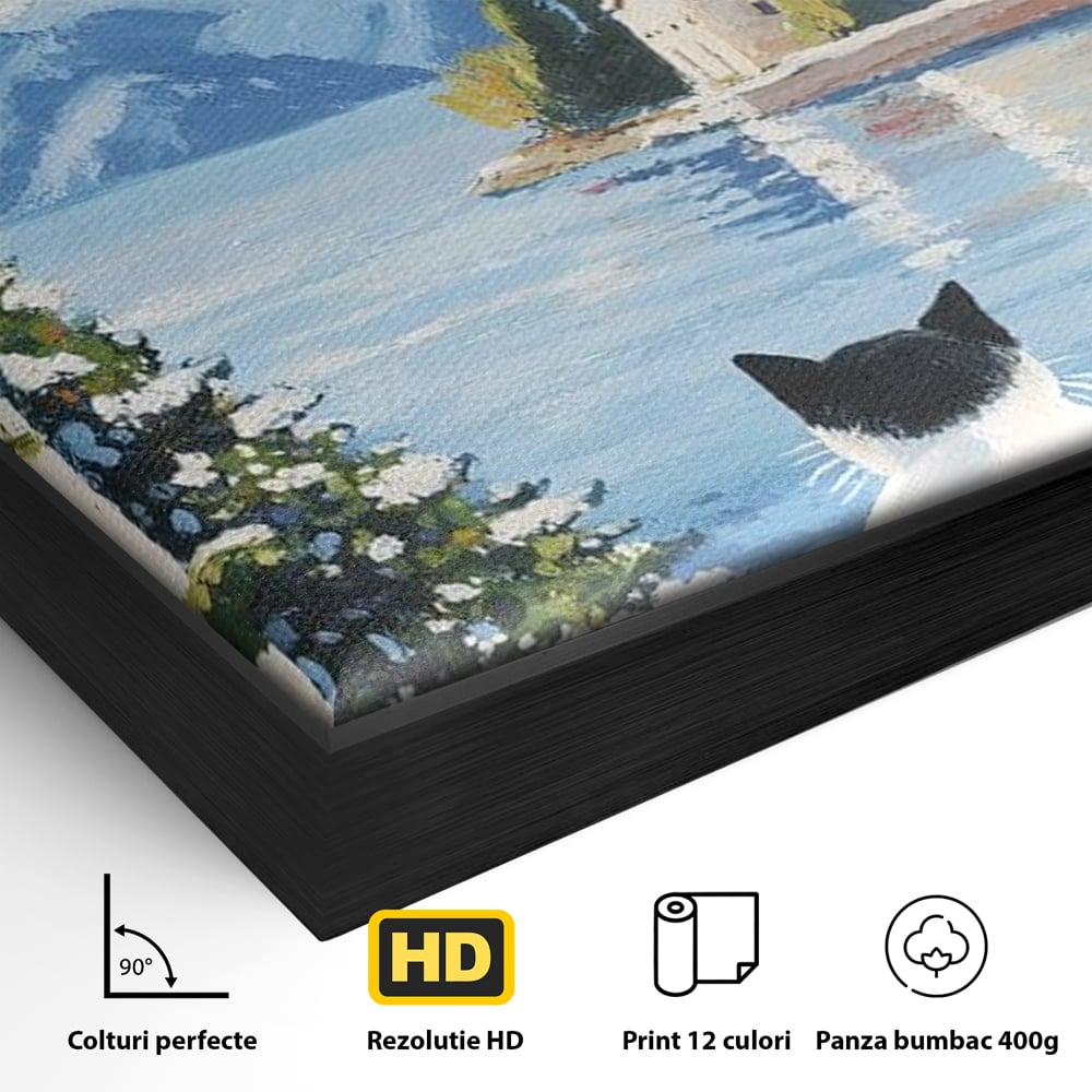 Detaliu al suprafetei: tablou canvas cu pisica privind spre munte, in rama de aluminiu negru
